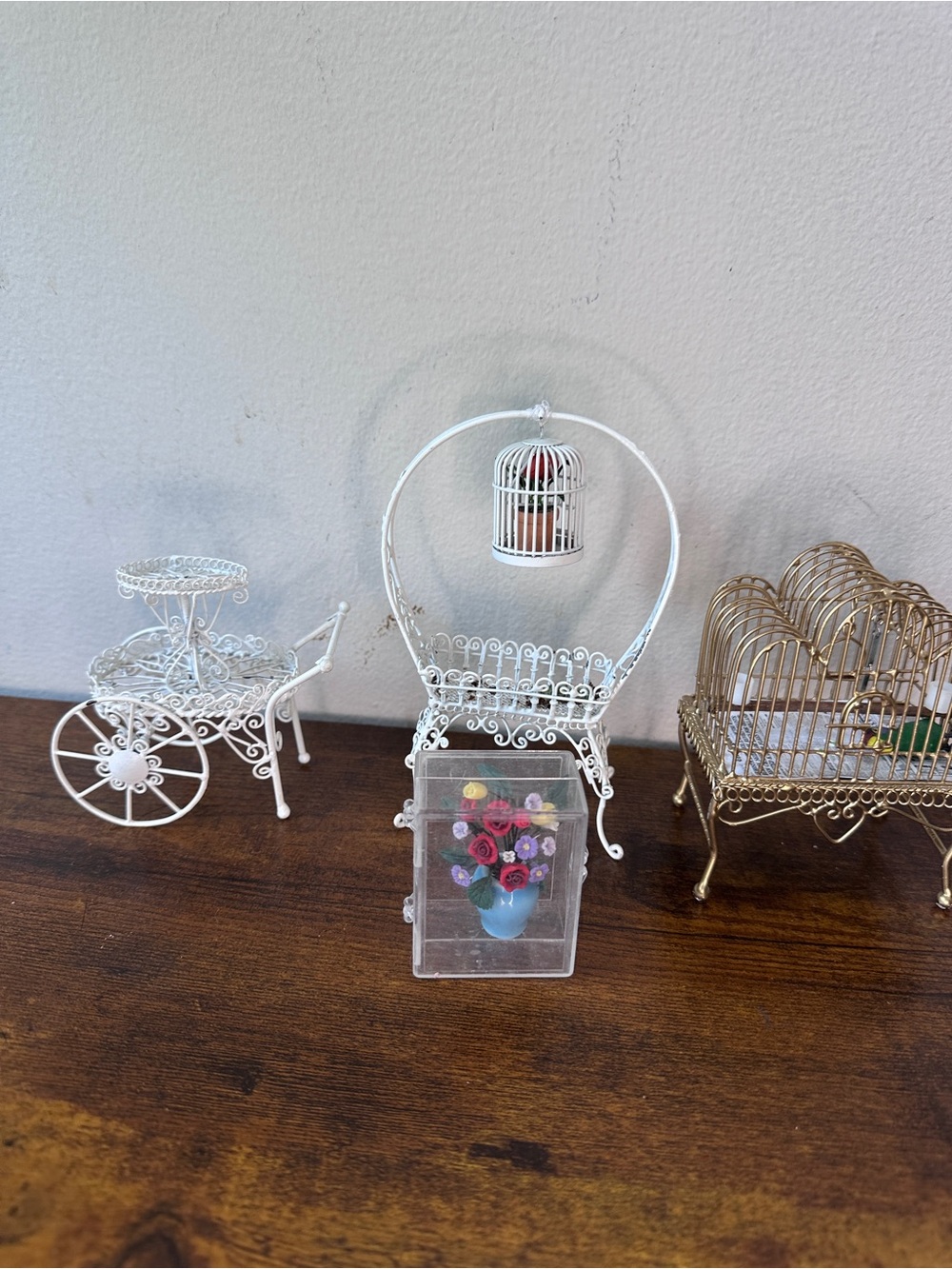 Vintage Dollhouse Miniature Garden Lot Metal Wire Carts Birdcages Flowers 1:12 - Picture 2 of 7
